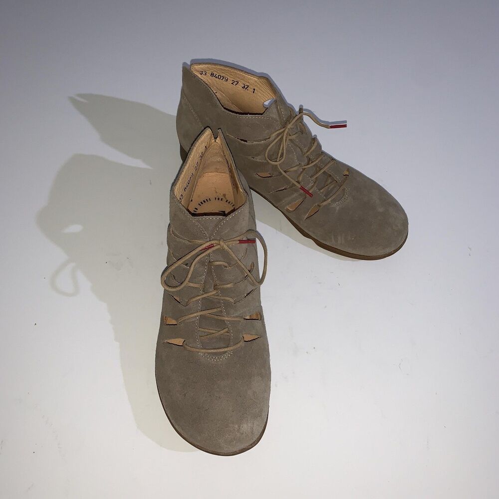 Think! Boots Womens Size EU 37 US 6.5-7 Taupe Suede Lace Up Ankle Comfort 84079